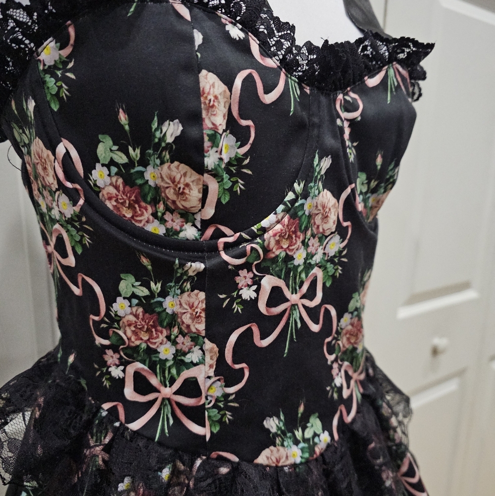 Dolls Kill Widow Goth Bows Floral Bewitched Bloom Tiered Black Lace Mini Dress - Picture 4 of 11